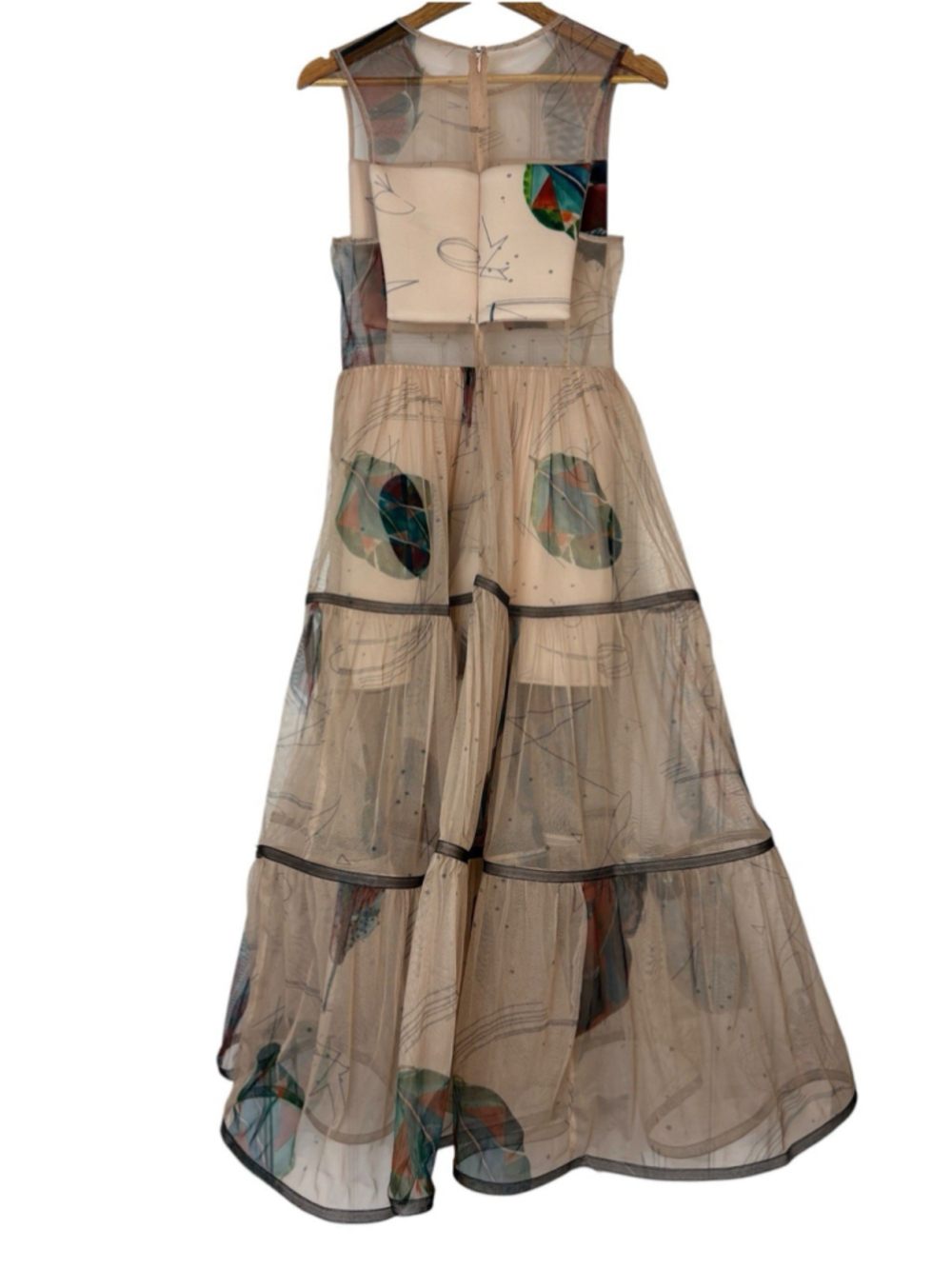 RARE Gauri & Nainika x KOOVS Dress Beige Mesh Tiered Maxi Gown Cutout Print XL - Picture 9 of 12